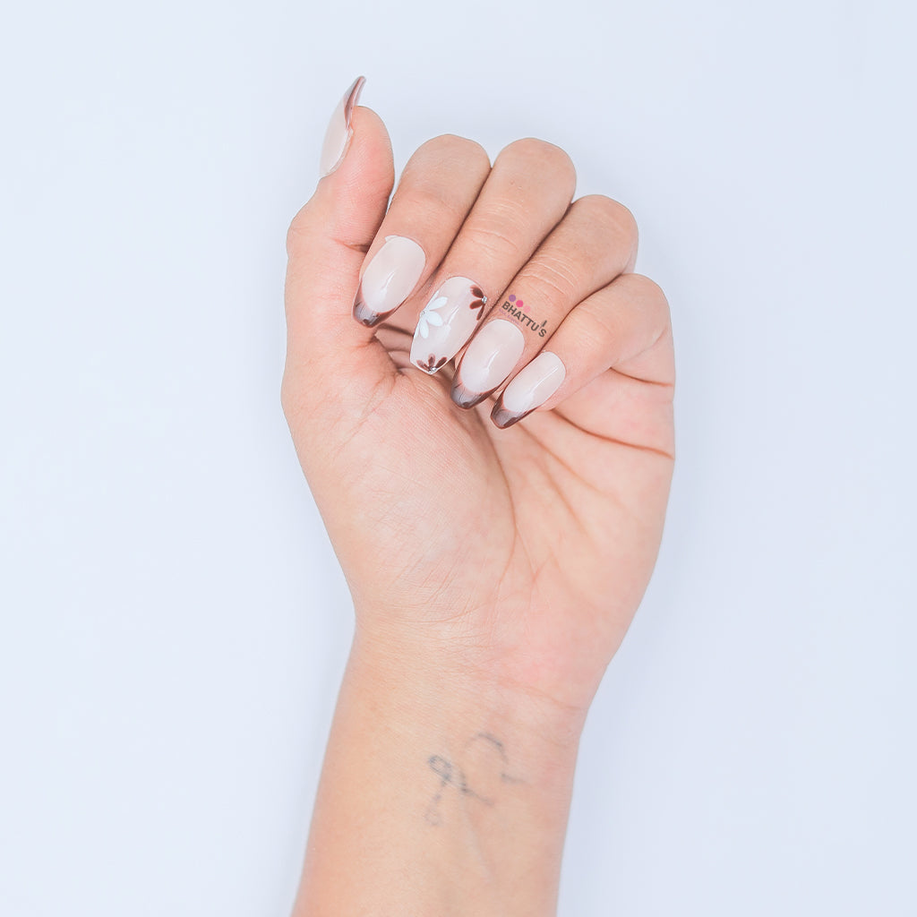 Brown French with Flower Press On Nails